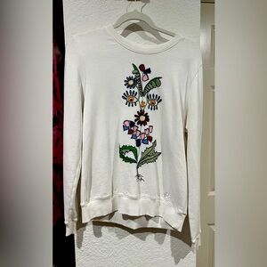 NEVER WORN Tory Burch White Crew Neck Sweater with Floral Embroidery Size Small